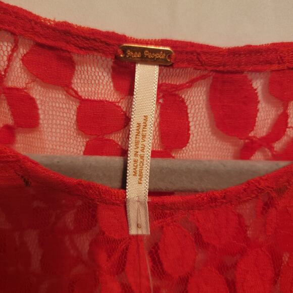 Free People Cherry Red Floral Mesh Lace 3/4 Sleeve Mini Bodycon Dress Size 0 - Picture 4 of 12